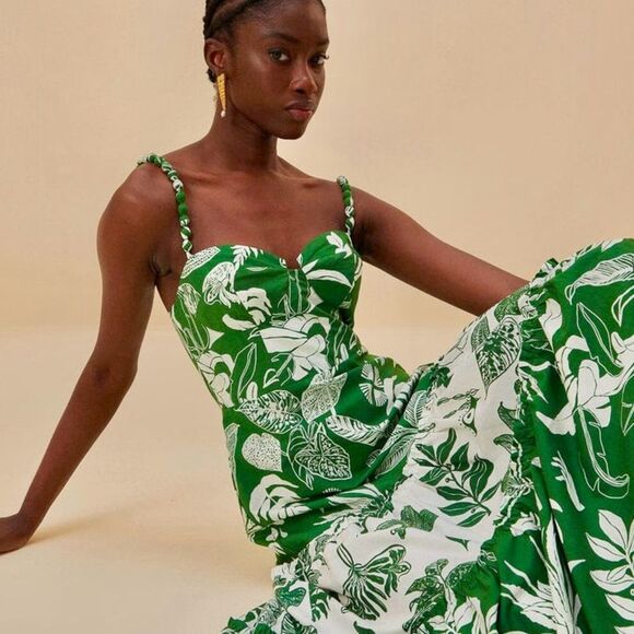 NEW FARM Rio Forest Soul Mix Midi Dress Tropical Green White Tiered Size XL - Picture 1 of 16